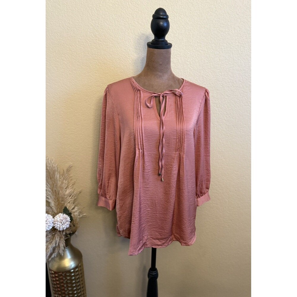 New Directions Collection Blouse Womens Large Dusty Rose Satin Keyhole Tie Top L